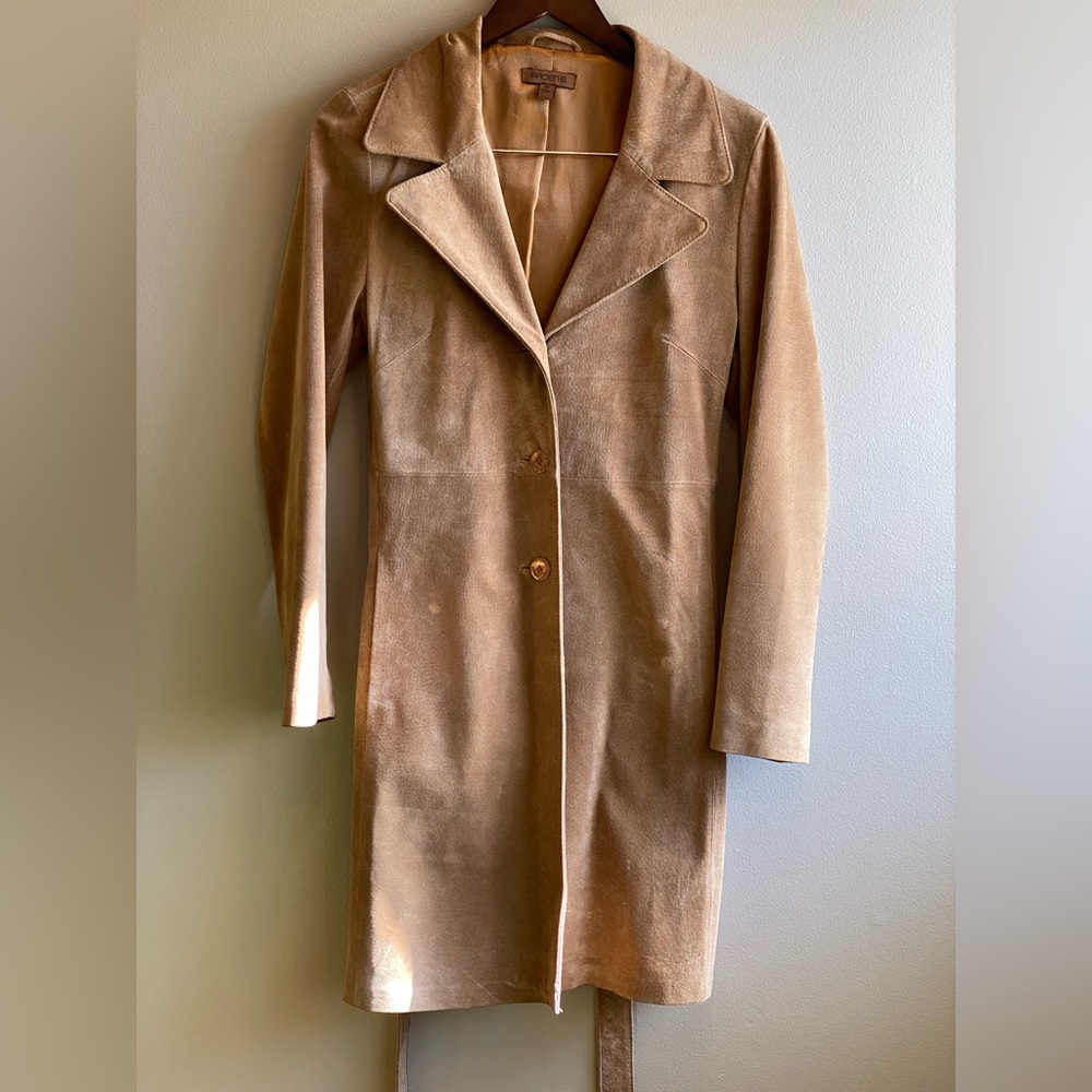 Arden B Tan Suede Leather Belted 3 Button Trench Coat Size Medium